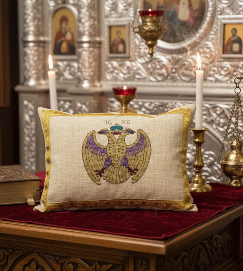 Gold hand embroidered byzantine eagle pillow cover