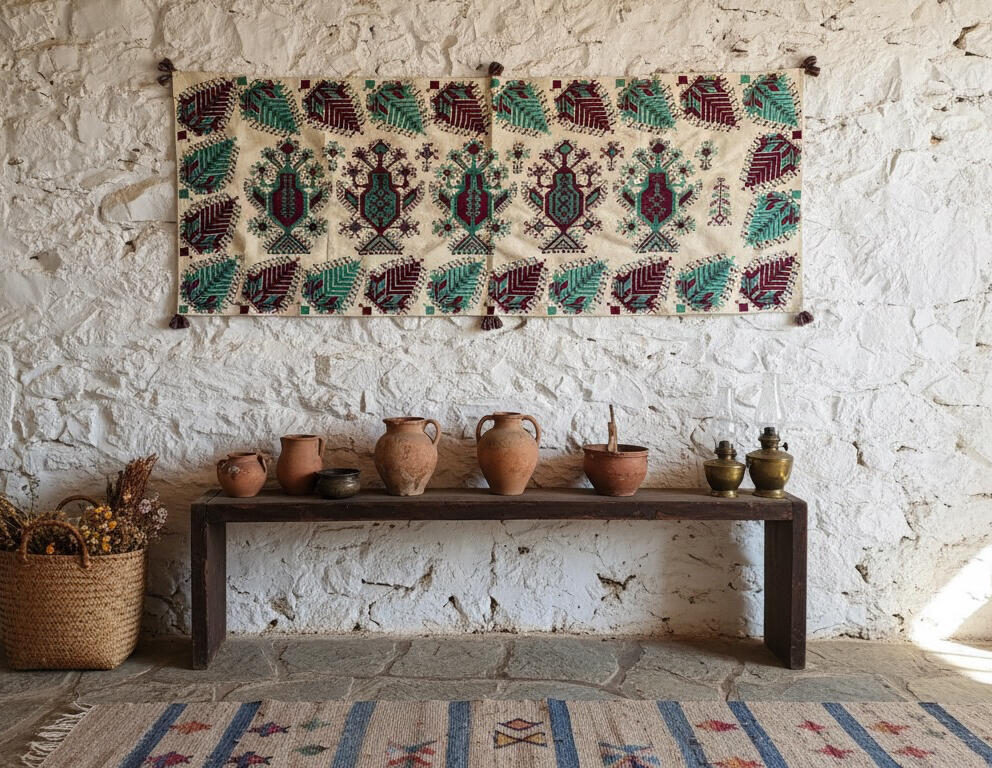 Rustic island decor Greek island folk wall hanging, antique embroidery art