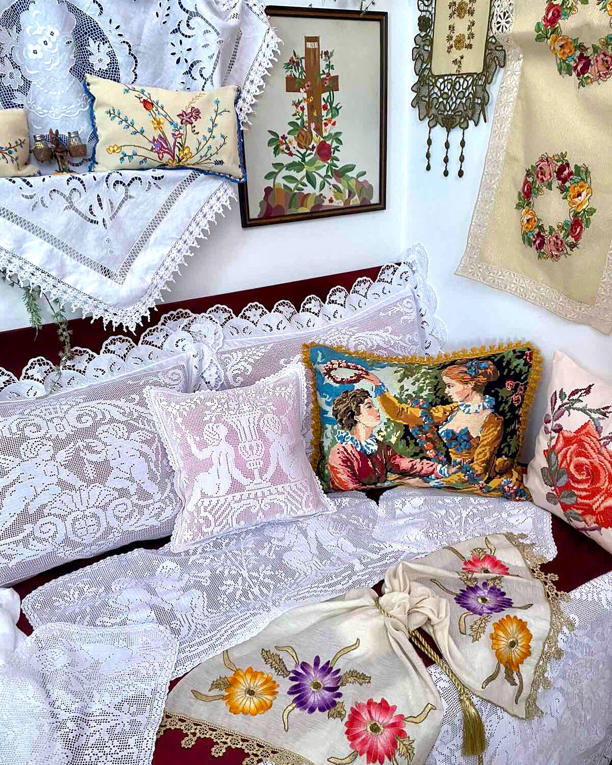 In the past, Mediterranean homes always had collections of white cutwork and lace artworks. Representing pride and generational wealth.