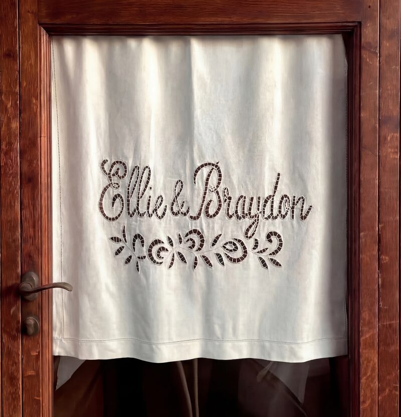 Personalized linen cafe curtain with cutwork embroidery names Ellie and Braydon