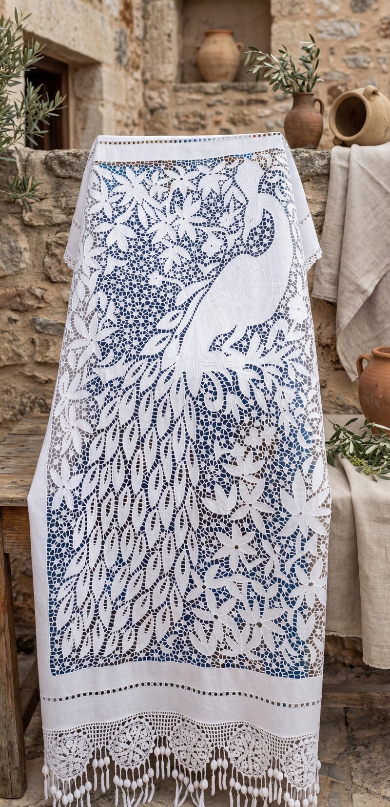 Handmade Richelieu cutwork embroidery with peacock motif on white linen