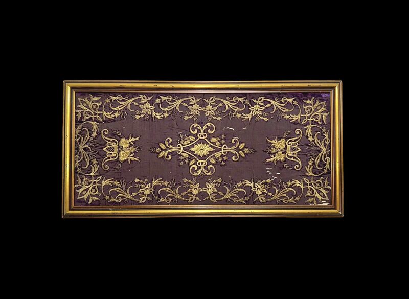 Antique gold thread embroidery on purple velvet in ornate gold frame